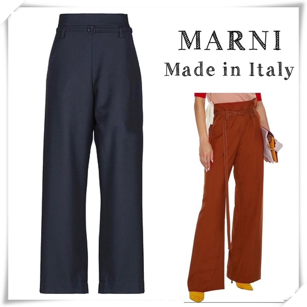 Marni Belted Grain De Poudre Wool Wide-Leg Pants Navy Blue